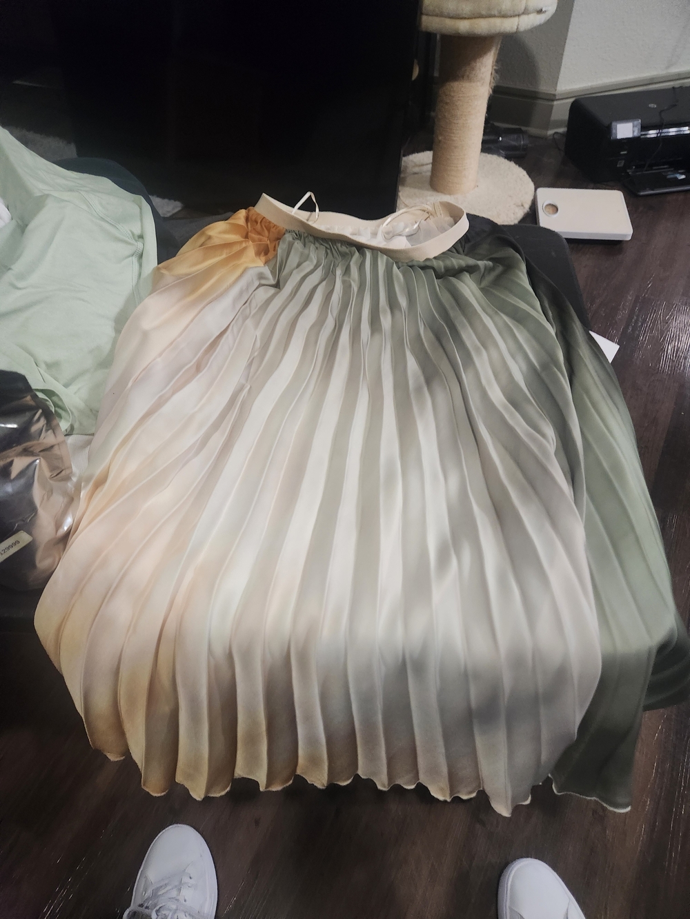 Mango Ombre Pleated Midi Skirt in Green and Cream with Mustard Accent